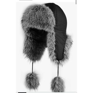 Womens Faux Fur Trapper Hat Black Grey Aviator Ushanka Winter Ear Flap Pom Pom